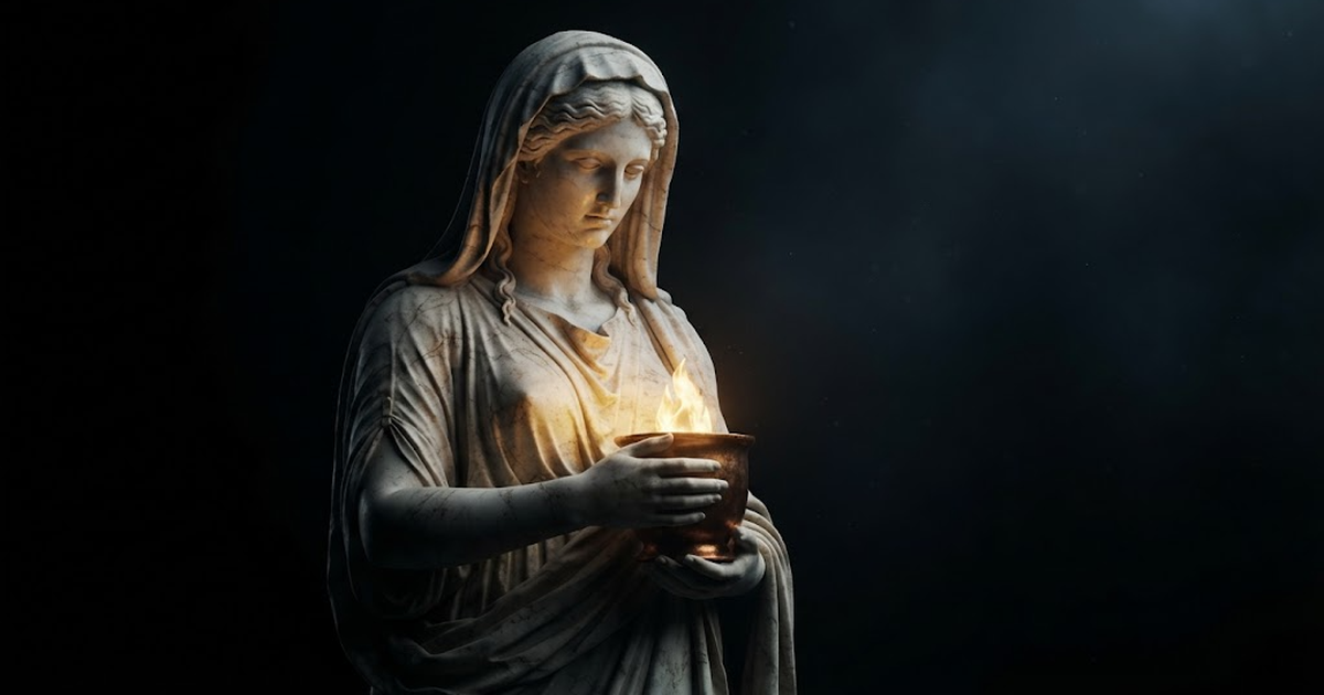 A colossal robed marble figure cradling a single small flame kept close to her body, lit in gold against a black void.