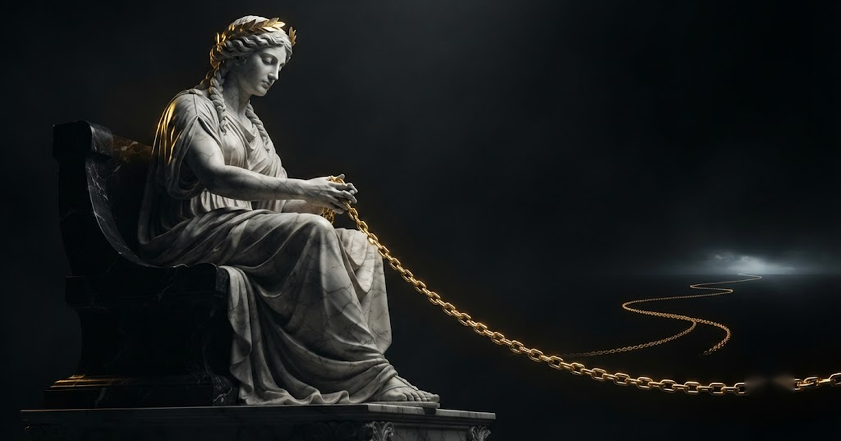A colossal marble figure holding an unbroken carved chain that recedes into darkness, each link edged in gold against black.
