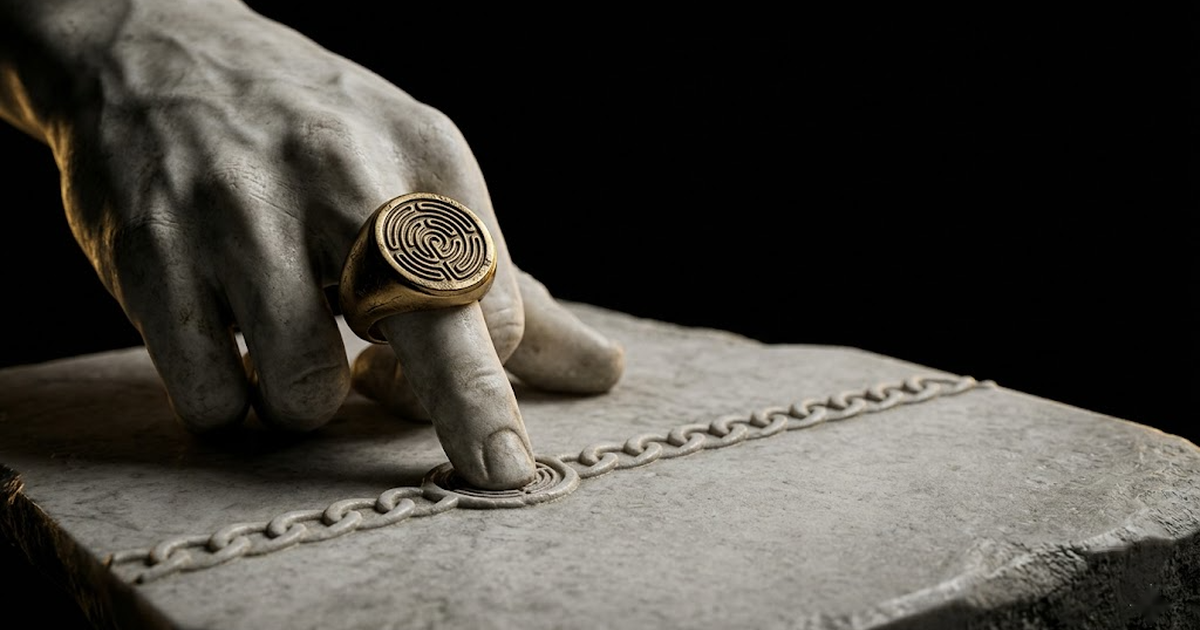 Marble hand pressing a signet ring into a stone tablet carved with an unbroken chain of links, lit by a thin gold rim light on void black.