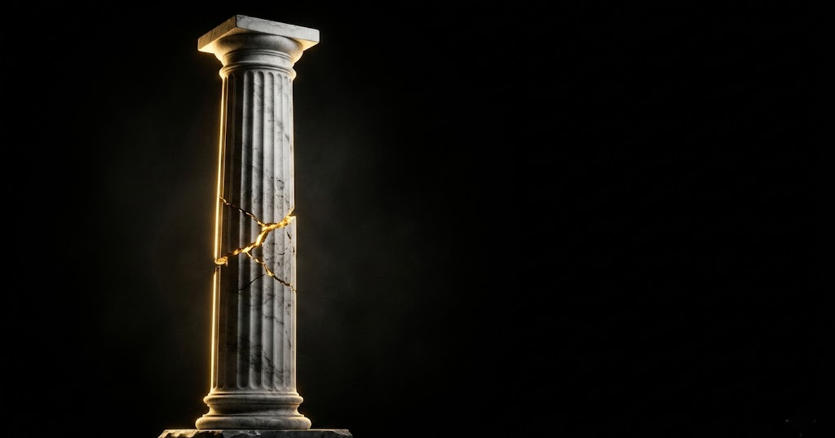 A single intact marble Doric column with a visible horizontal fracture in one drum, gold rim light tracing the crack against void black.