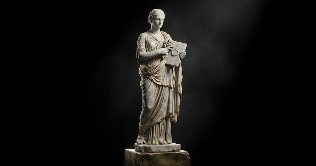 A carved white marble statue of the Greek goddess Panacea holding a sealed marble tablet of healing, satin gold #D4AF37 highlights catching the folds of her robe, aged bronze base, set against a pure 