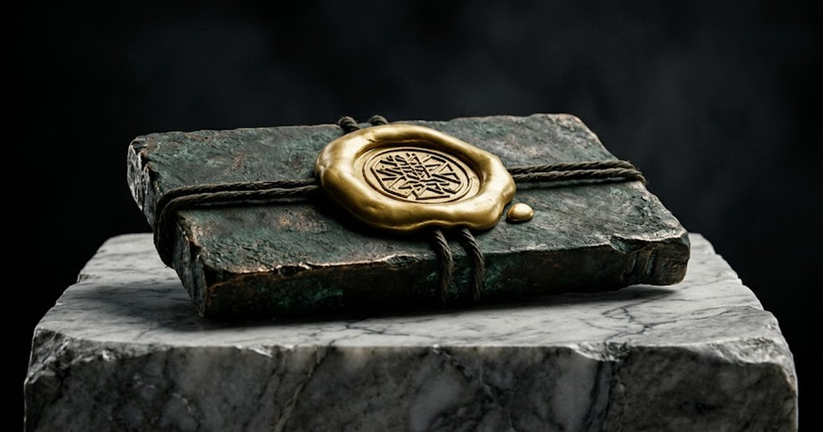 A single sealed bronze tablet bound with a gold wax seal, resting on a marble plinth, satin gold #D4AF37 gleam along its edges against a pure void black #050505 background, white-to-grey marble surfac