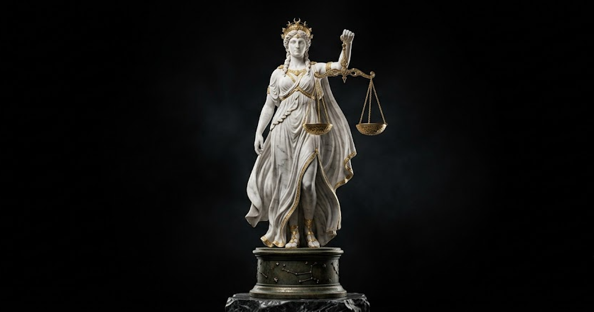 A gilded marble statue of Astraea holding perfectly balanced golden scales, satin gold #D4AF37 detailing on the scale pans, white marble drapery, aged bronze pedestal, isolated on a pure void black #0