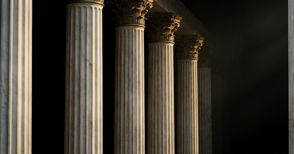 A towering marble colonnade of a classical temple hall receding into shadow, satin gold #D4AF37 light grazing the fluted white-to-grey marble columns, aged bronze capitals, deep void black #050505 bac