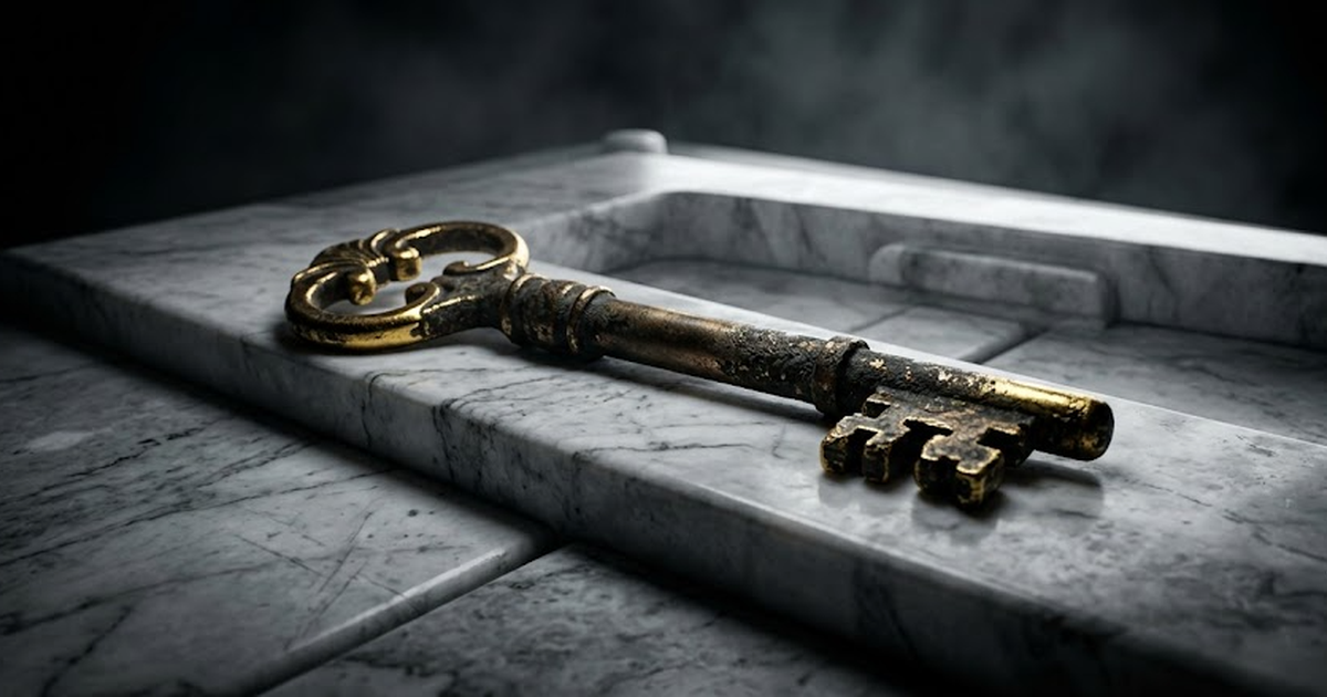 A single ancient bronze key lying across a closed marble vault door, satin gold #D4AF37 reflections on the key's bow and teeth, weathered bronze body, polished white marble surround, pure void black #