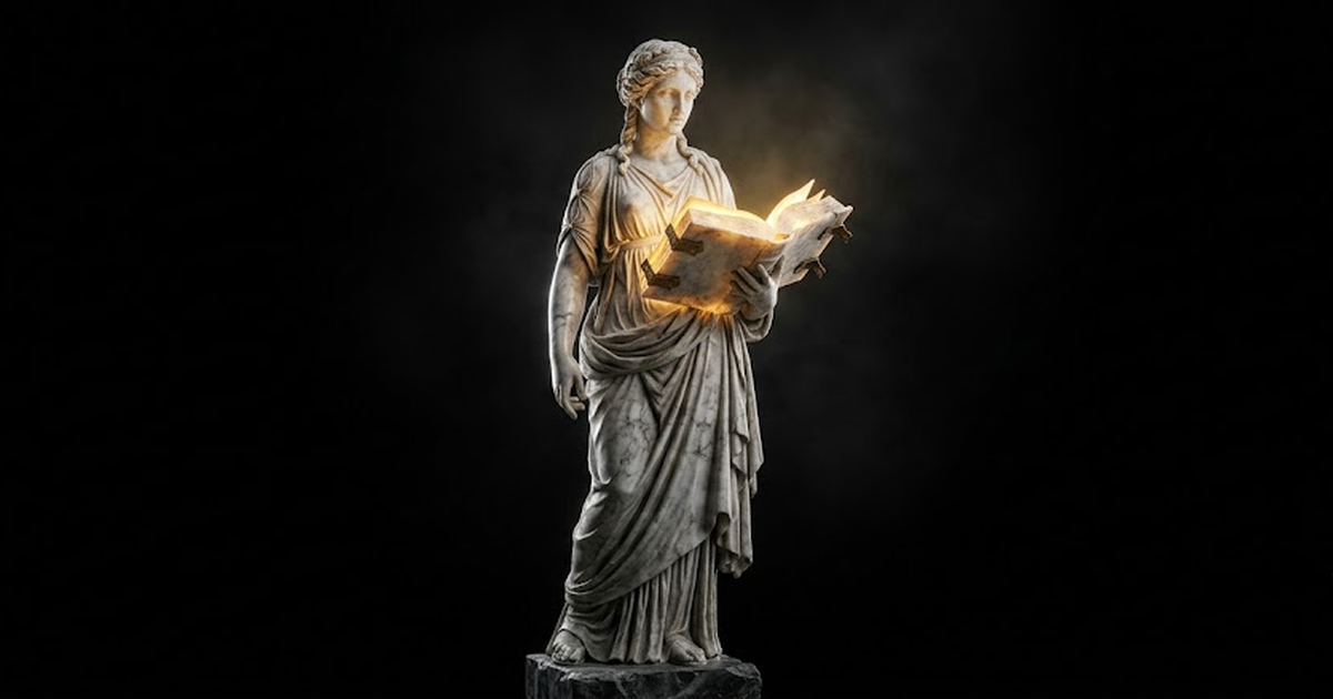 A carved marble statue of Mnemosyne, keeper of memory, holding an open glowing book of marble pages, satin gold #D4AF37 light spilling from the open leaves, aged bronze clasp, white-to-grey marble fig