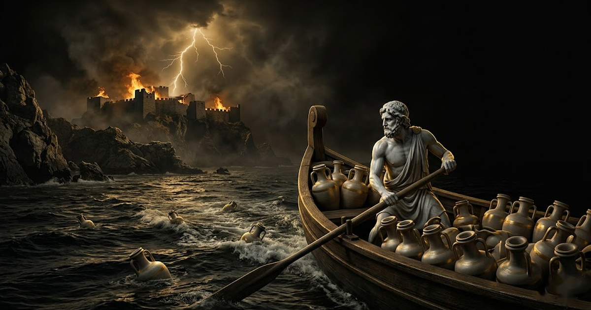 A laden ship pulling away from a burning island fortress at night, its hull stacked with sealed golden amphorae, void black sky and satin gold firelight on the water