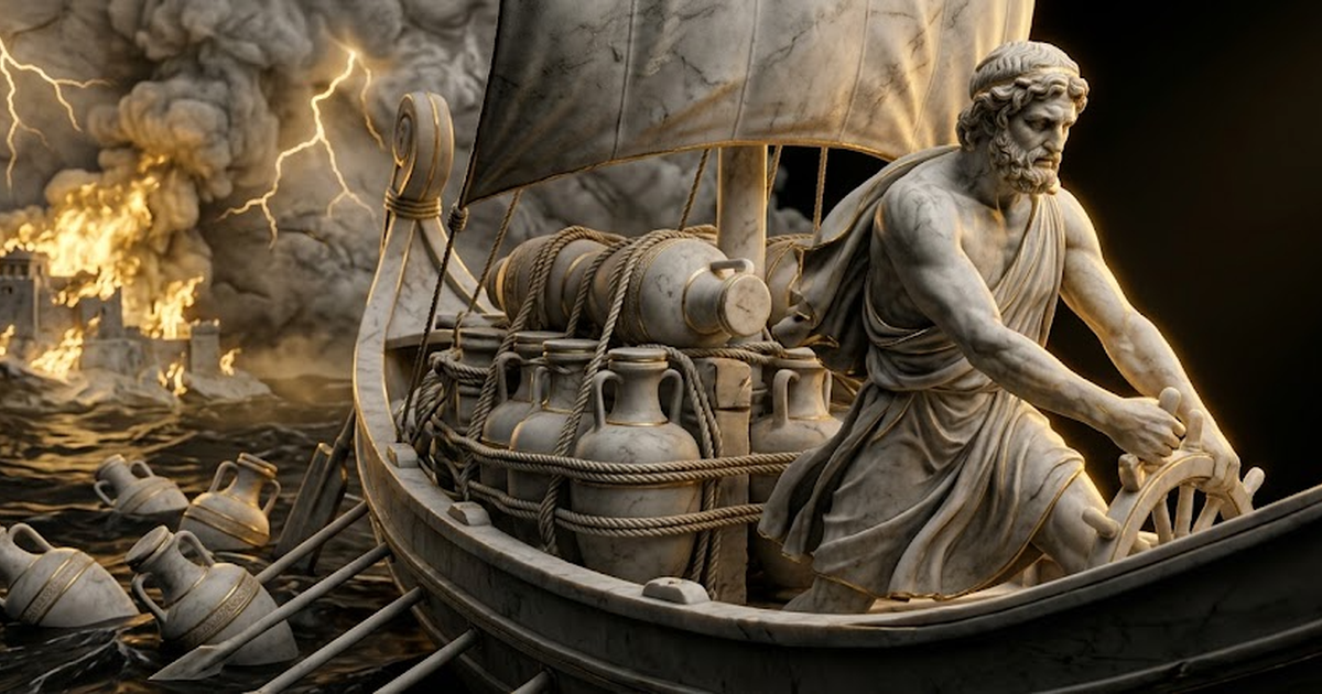 Close view of the ship's deck at night, rows of wax-sealed golden amphorae lashed tight under a black sky, each amphora marked with a faint glowing sigil