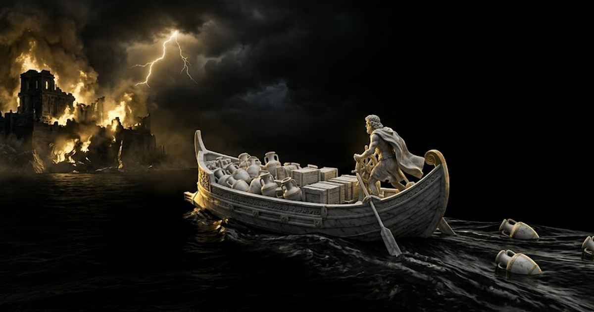 Wide cinematic shot of the ship far out on dark water, the burning island fortress shrinking behind it, the laden hull of sealed amphorae glowing faint gold against the void