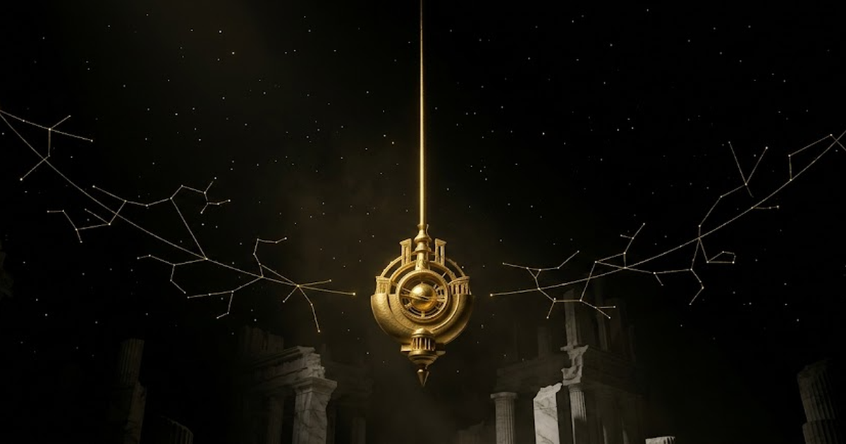 A vast golden pendulum suspended in a black cosmic void, its arc traced in faint constellations