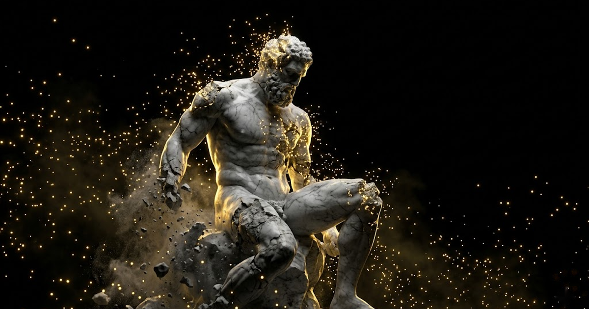 A colossal marble titan dissolving into shadow at the centre while points of golden light scatter outward to the edges