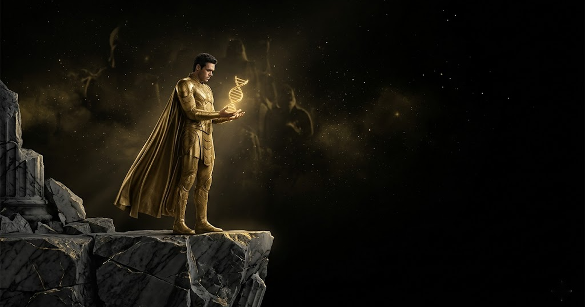 A figure standing at the edge of a cliff of marble, holding a small golden helix of light, a pantheon of stars behind