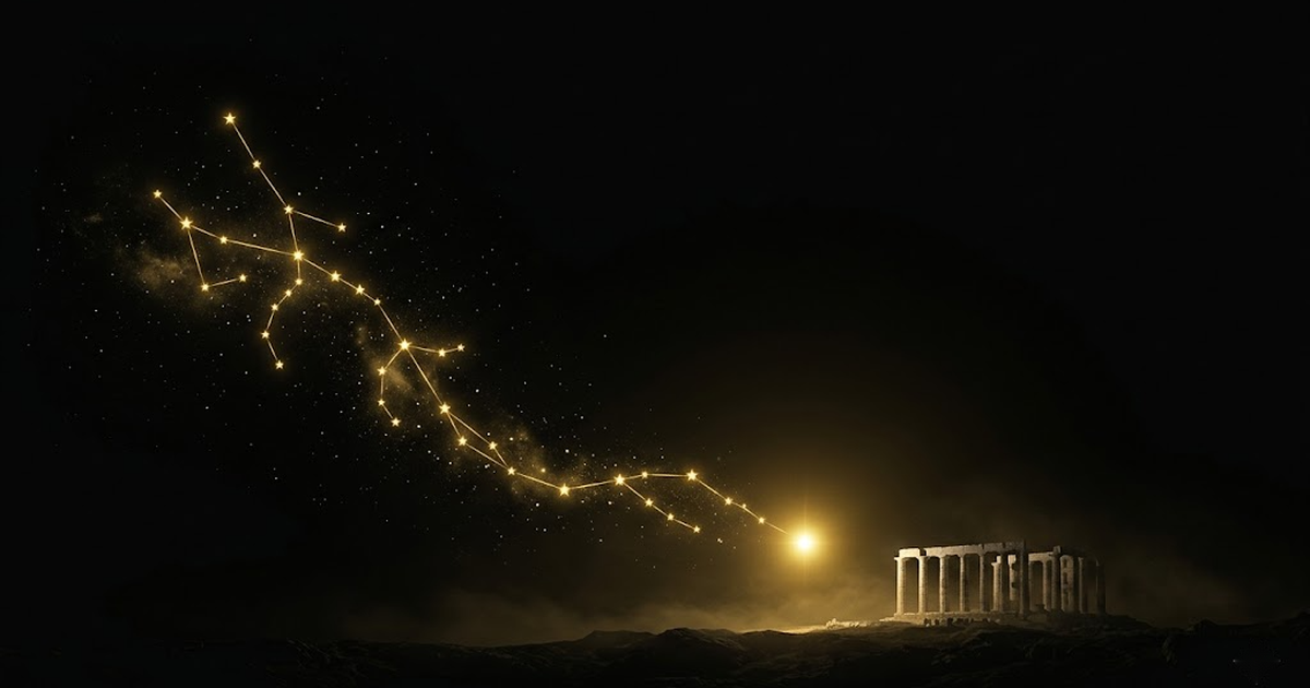 A golden constellation forming a homeward path across a black sky, leading back toward a single bright sovereign point of light