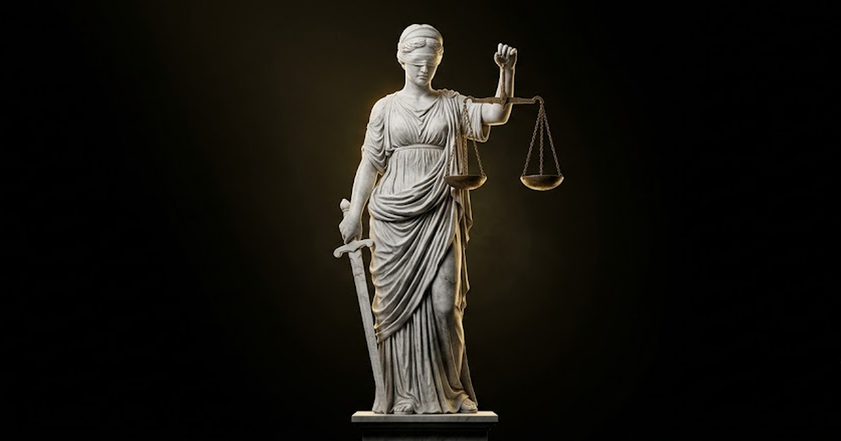 A single carved white marble statue of Themis, blindfolded and holding upright a perfectly balanced set of aged bronze scales, lit by a low satin gold glow against a pure void black background, fine c