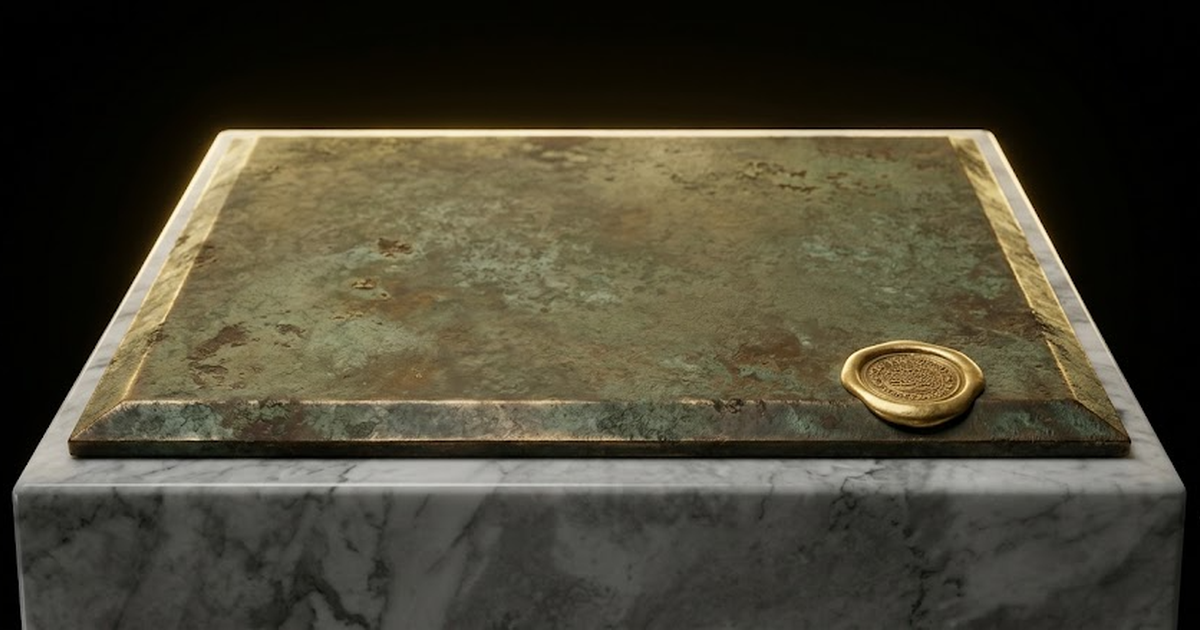 A sealed bronze tablet resting on a marble plinth, a single round satin gold wax seal pressed into its lower edge, faint gold rim light catching the bevelled bronze surface, everything floating in pur