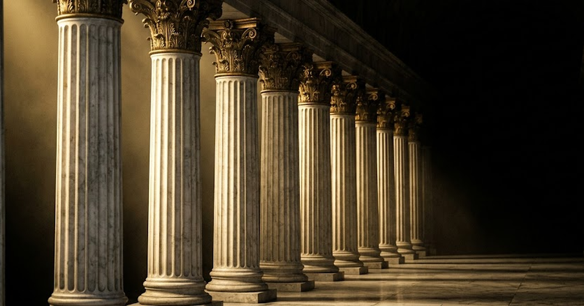 A long marble colonnade of fluted columns receding into darkness, satin gold light raking across the white-to-grey stone from one side, aged bronze capitals crowning each column, the far end dissolvin