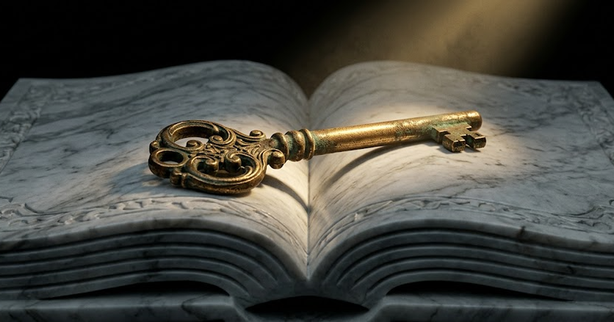 A single ornate aged bronze key lying across an open marble book, the key catching a thin line of satin gold light, the carved marble pages pale grey against pure void black, quiet and monumental. No 