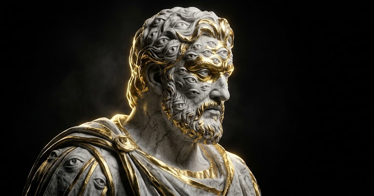 A gilded marble statue of Argus, many-eyed and watchful, head turned in three-quarter profile, satin gold leaf glinting along the brow and shoulders over white marble, set against an utterly black voi