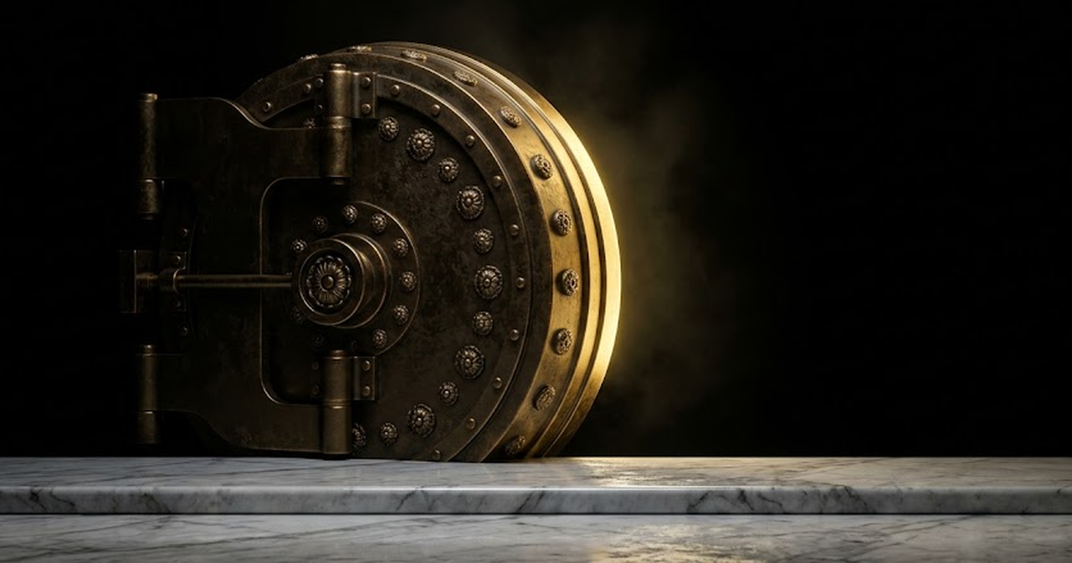 A heavy bronze vault door, circular and studded with classical rosettes, half emerging from pure void black, a single sweep of satin gold light tracing its rim and a polished marble threshold below. N