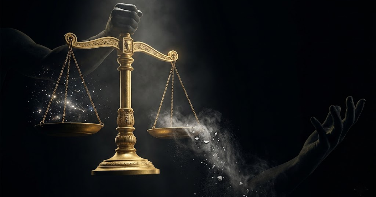 A colossal golden scale of justice held by shadowed titanic hands against a void black sky, one pan filled with constellations of light, the other empty and dissolving into marble dust