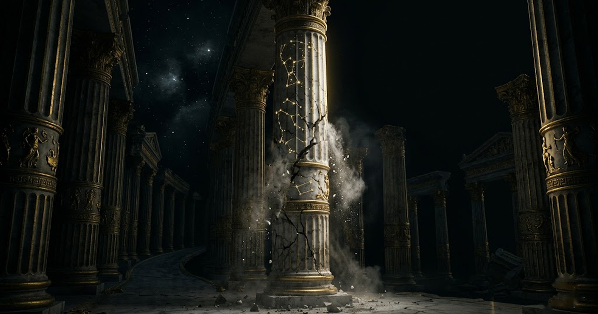 A vast pantheon of golden columns receding into void black, each column inscribed with faint constellation patterns, one central column cracking and shedding marble dust into the dark