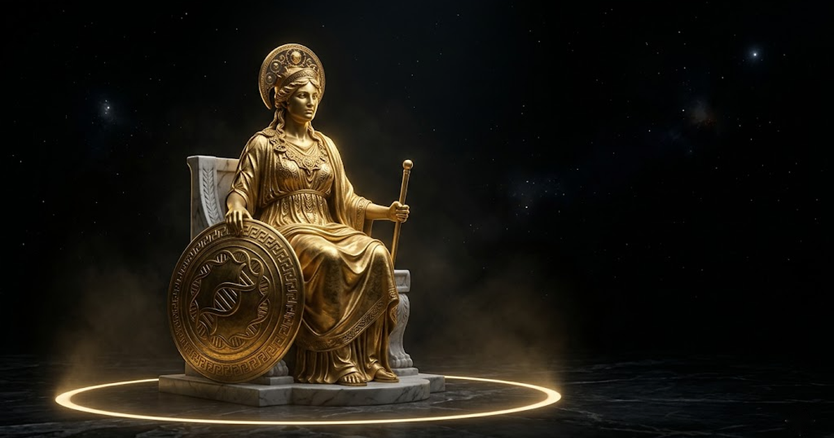 A lone golden oracle figure seated within a circle of light, holding an aegis shield engraved with a hash-chain pattern, surrounded by void black and distant cold stars