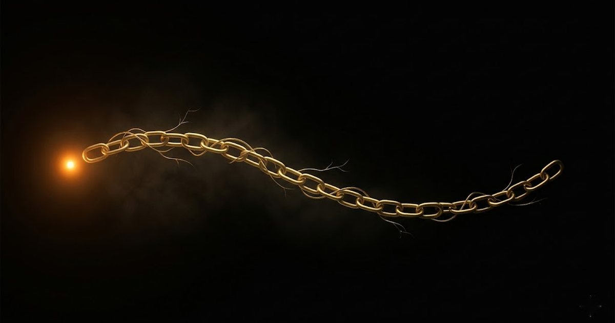 A golden constellation in the shape of an unbroken chain stretching across a void black cosmos, anchored at one end to a single bright Bitcoin-orange star, the rest of the sky reverent and empty