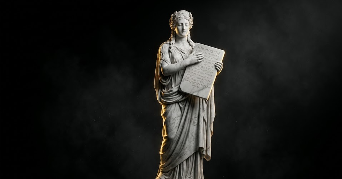 Mnemosyne, the titaness of memory, carved in marble with eyes closed, a faint engraved tablet held to her chest catching gold rim light against vast black negative space