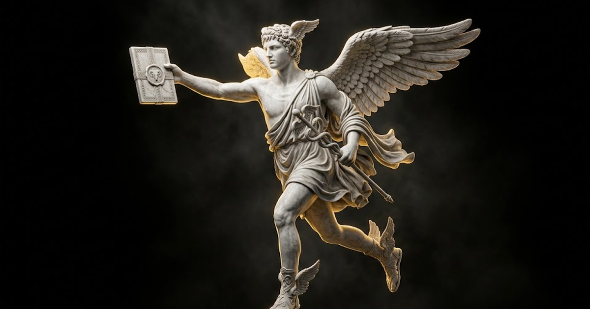 Hermes, messenger of the gods, mid-stride in carved marble with winged sandals, handing forward a sealed tablet, hard gold rim light tracing his outline against pure black