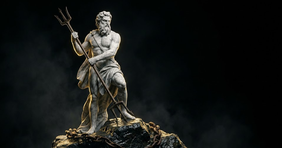 Poseidon standing in marble with trident planted into rock, a heavy iron anchor chain wrapping the base, gold rim light on the wet stone against deep void black and wide negative space