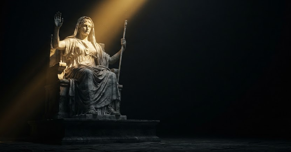 A colossal marble statue of a seated robed woman raising a shielding hand at a threshold, half her body dissolving into shadow at a sharp edge of light