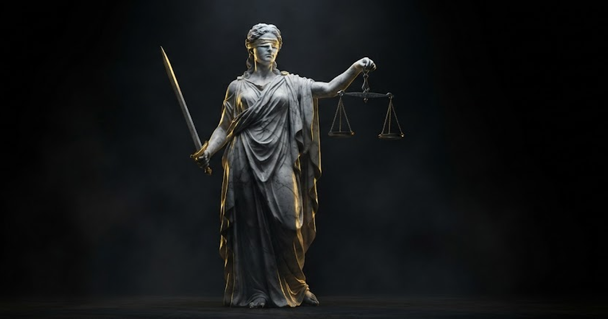 A colossal marble statue of a blindfolded figure holding upright balanced scales, carved with severe symmetry under a single beam of gold