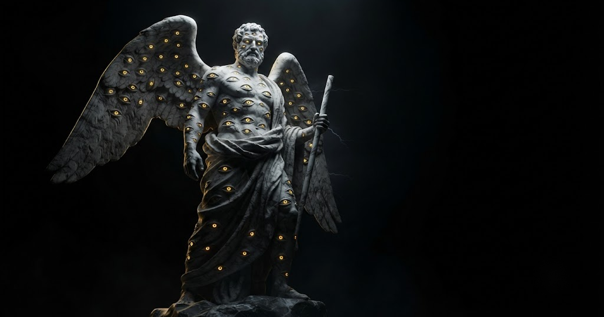 A colossal marble statue of a many-eyed watchman looming in shadow, countless carved eyes catching pinpoints of gold light across his body