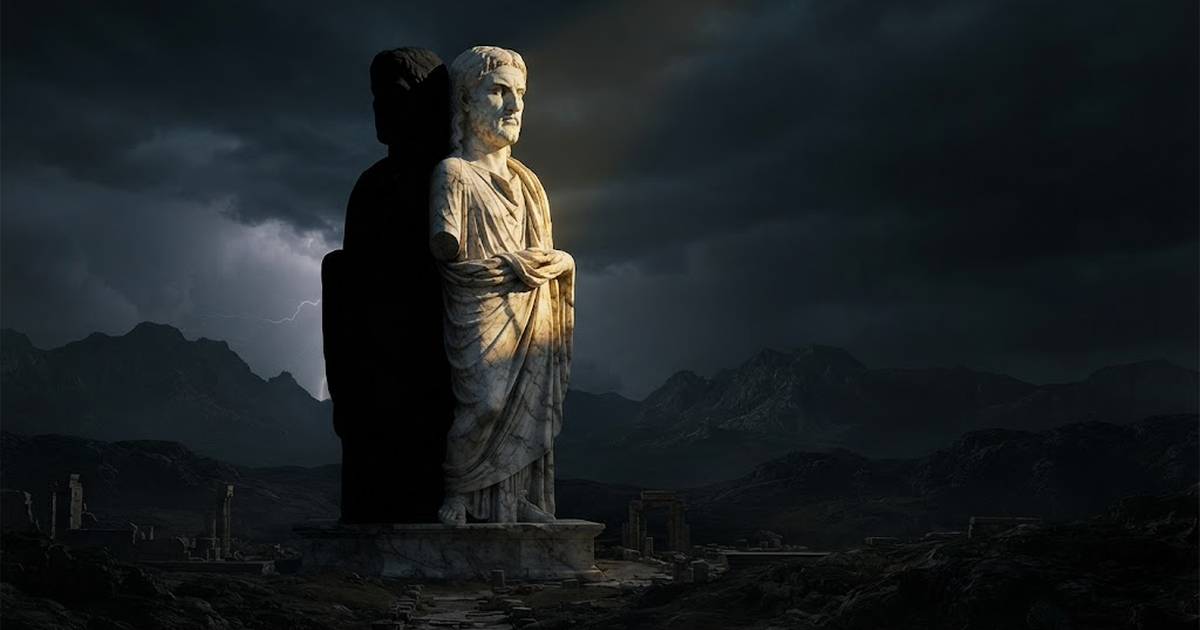 A colossal marble statue of a two-faced guardian standing at a doorway, one face turned to darkness and one to a shaft of gold light