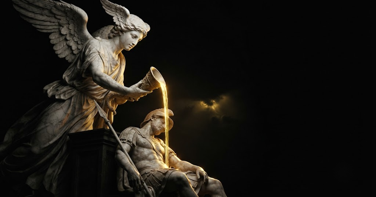 Hypnos, winged at the temples, tilting a horn of poppy drowse over a slumped watchman whose spear has slipped from his loosening fingers, in a void of pure black, satin gold light sliding off the sleeping guard and...