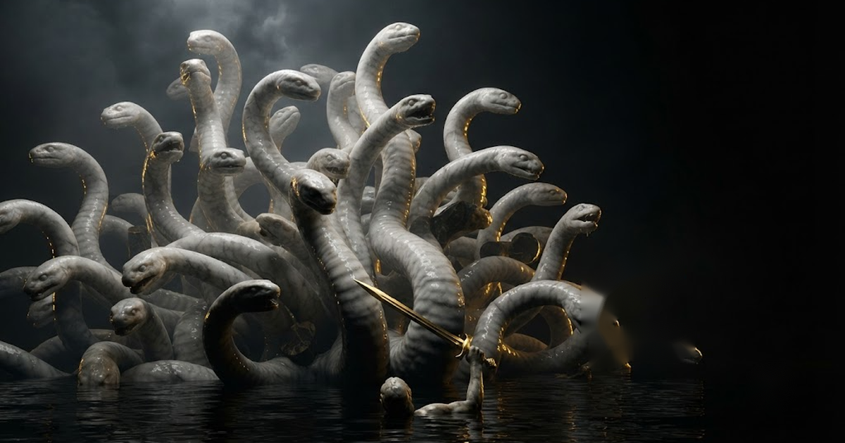 Hydra rearing countless necks from black water, two fresh heads swelling from every severed stump while a single sword arm below cannot count them, in a void of pure black, satin gold light glinting wet along each...