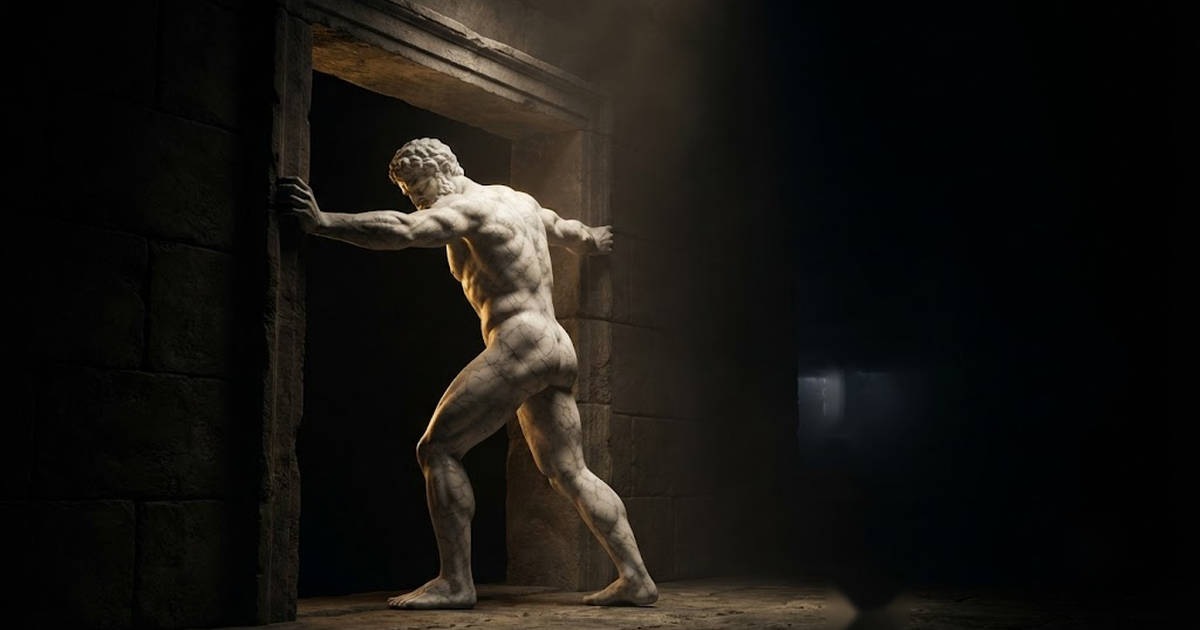 Erebus braced across a narrow stone threshold, both arms locked to the jambs, holding shut a doorway of absolute darkness that nothing may cross, in a void of pure black, satin gold light raking his straining back...