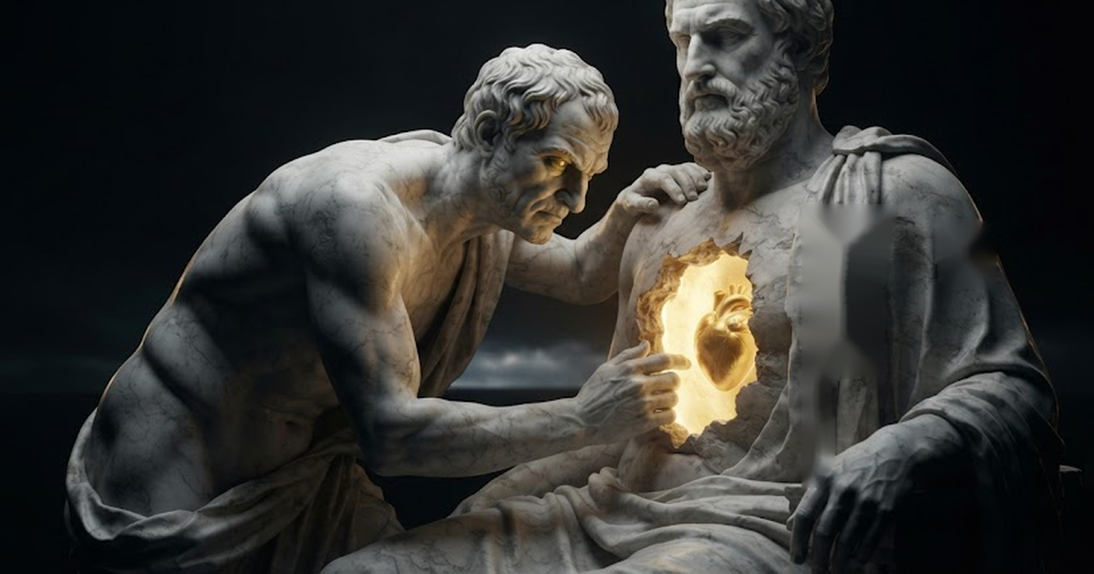 Momus stooping to peer through an open aperture cut in the chest of a statue, checking whether the heart inside matches the pose outside, in a void of pure black, satin gold light spilling from the opened cavity...