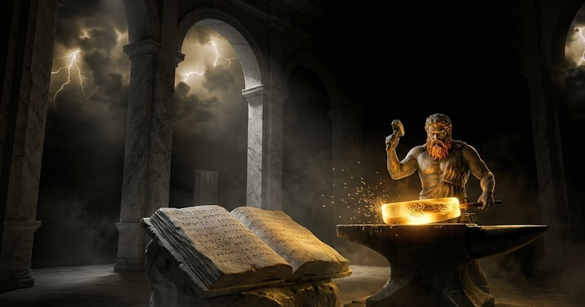Hephaestus at a void-black forge, satin-gold sparks rising, hammering a glowing ingot held in tongs over a dark anvil, a stone ledger waiting in shadow beside him