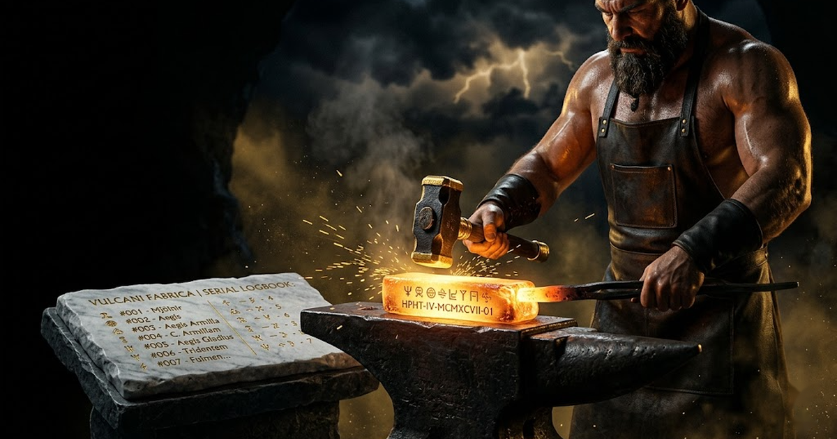 A close view of a cooling gold ingot stamped with a serial mark, sitting on a void-black anvil, its identifier already chiselled onto a stone ledger beside it
