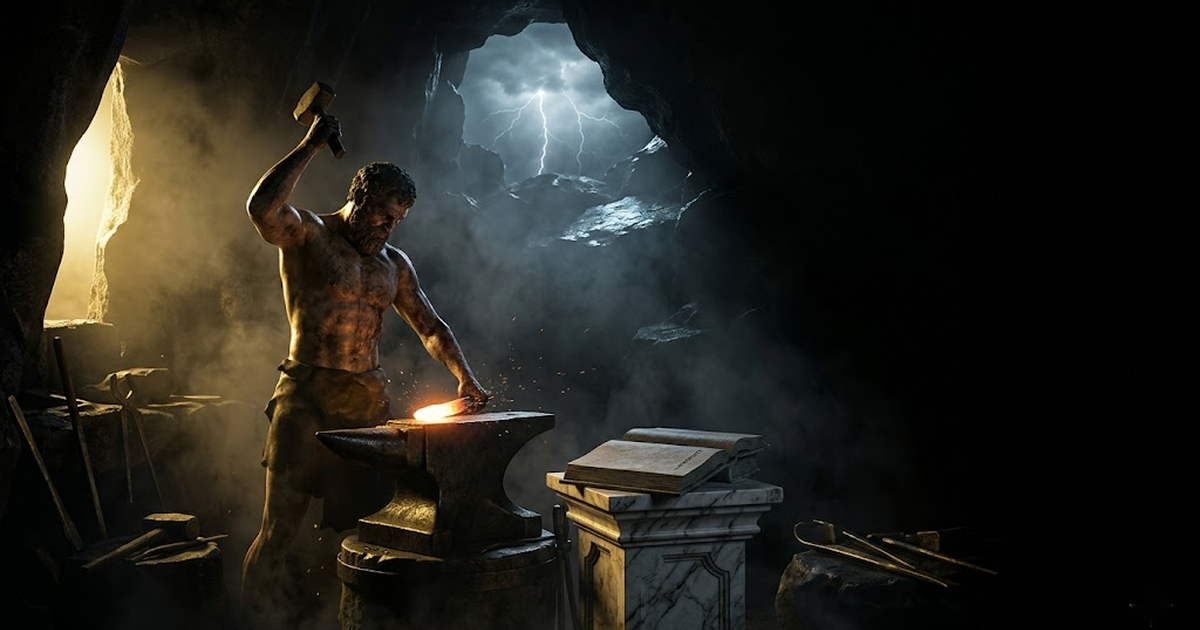 A vast void-black workshop lit in satin gold, rows of stamped ingots laid out on a long stone ledger, each entry inscribed, the forge glowing at the far end