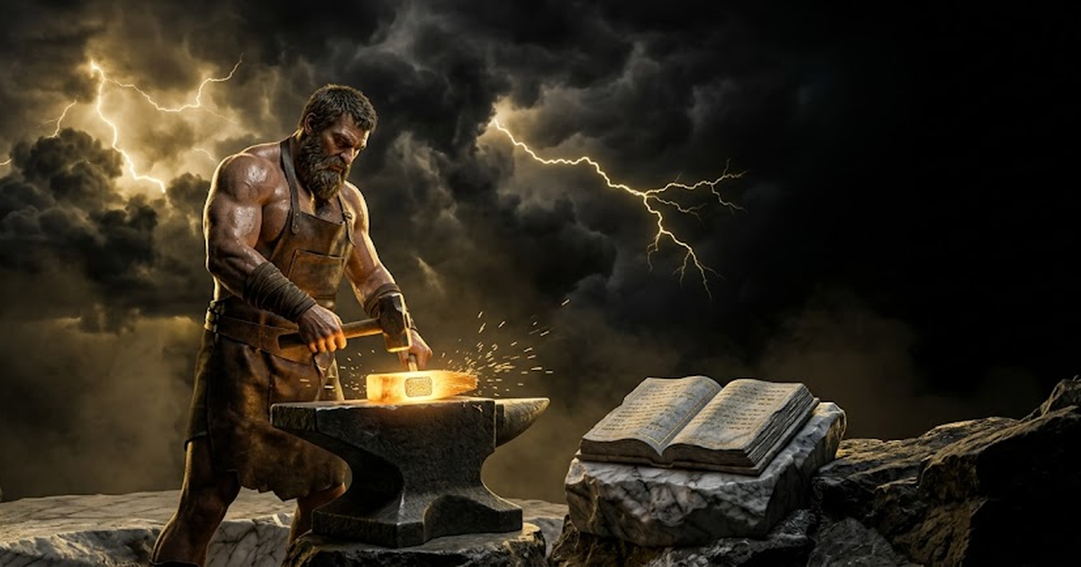 Hephaestus stepping back from the cooled, serial-stamped ingot resting on the stone ledger, the forge banked to satin-gold embers behind him in the void-black dark