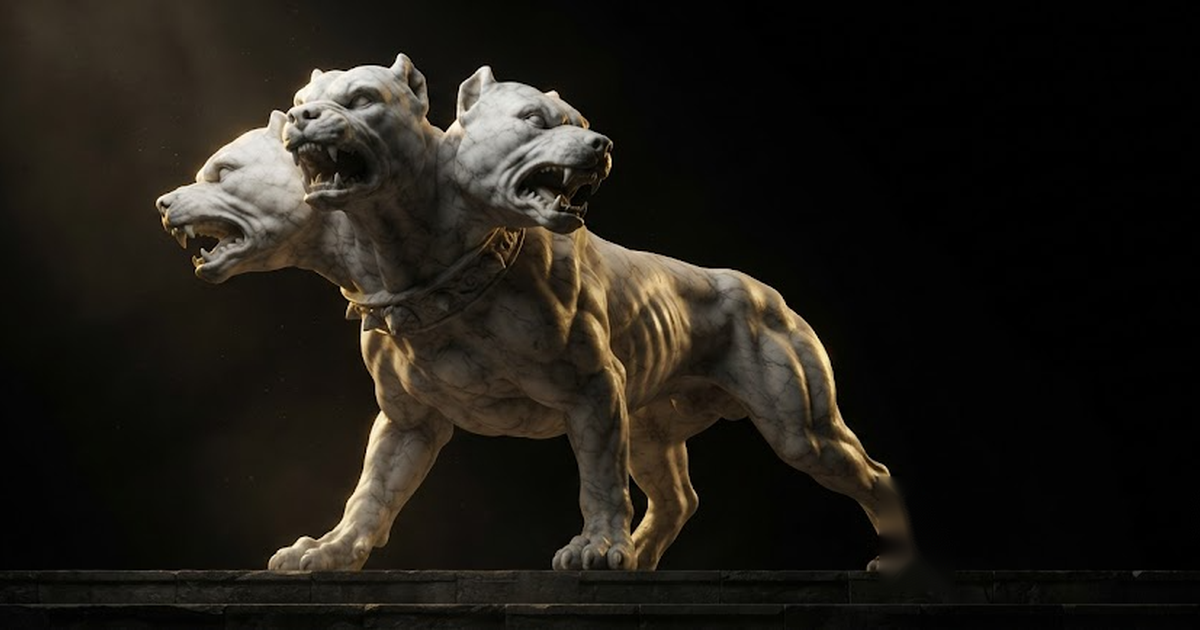 Cerberus planted across a single threshold, three heads turned outward and jaws set, his collar fused into his own stone throat so no other hand can be given the watch, in a void of pure black, satin gold light...