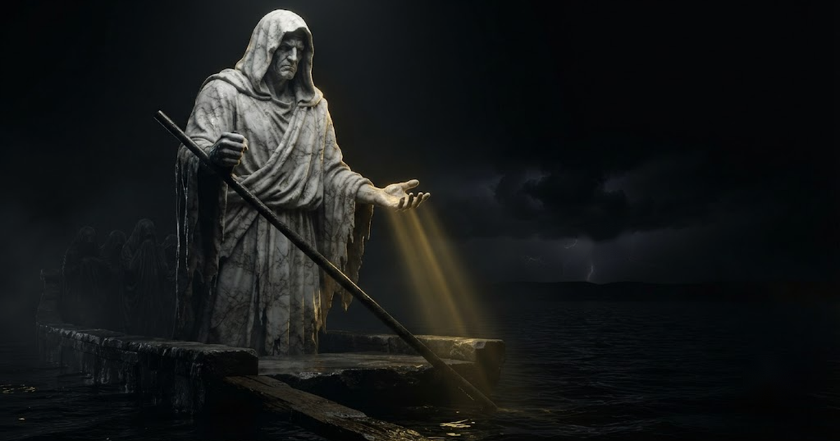 Charon standing at the stern of one stone barge that is his and never his passengers, one fist closed on the pole, the other palm open and waiting for a toll, in a void of pure black, satin gold light sliding down...