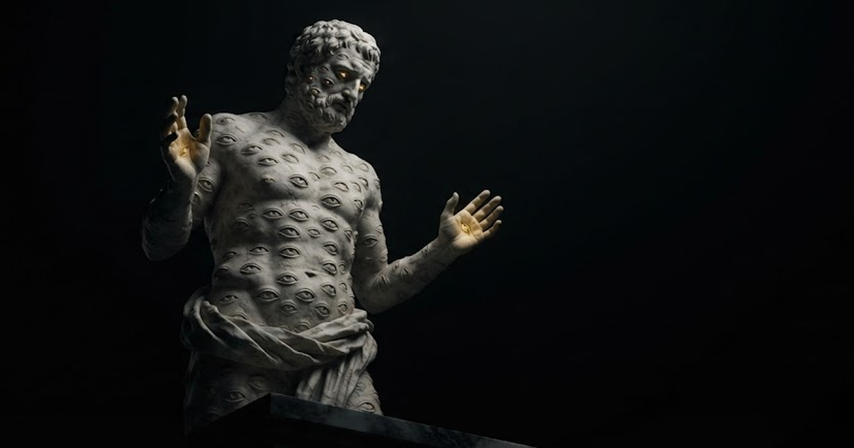 Argus turning slowly, a hundred carved eyes across his body, only the few caught in the gold open and the rest sealed blind in shadow, both hands lifted empty as if called to testify to what he cannot see, in a void...