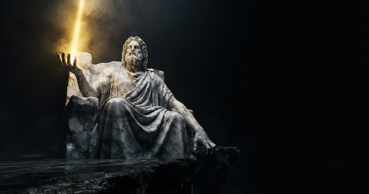 Hades seated at the exact edge of his own realm, one hand opened upward to release a shaft of light freely into the air, the other clamped shut over the dark beneath him, drawing the boundary himself, in a void of...