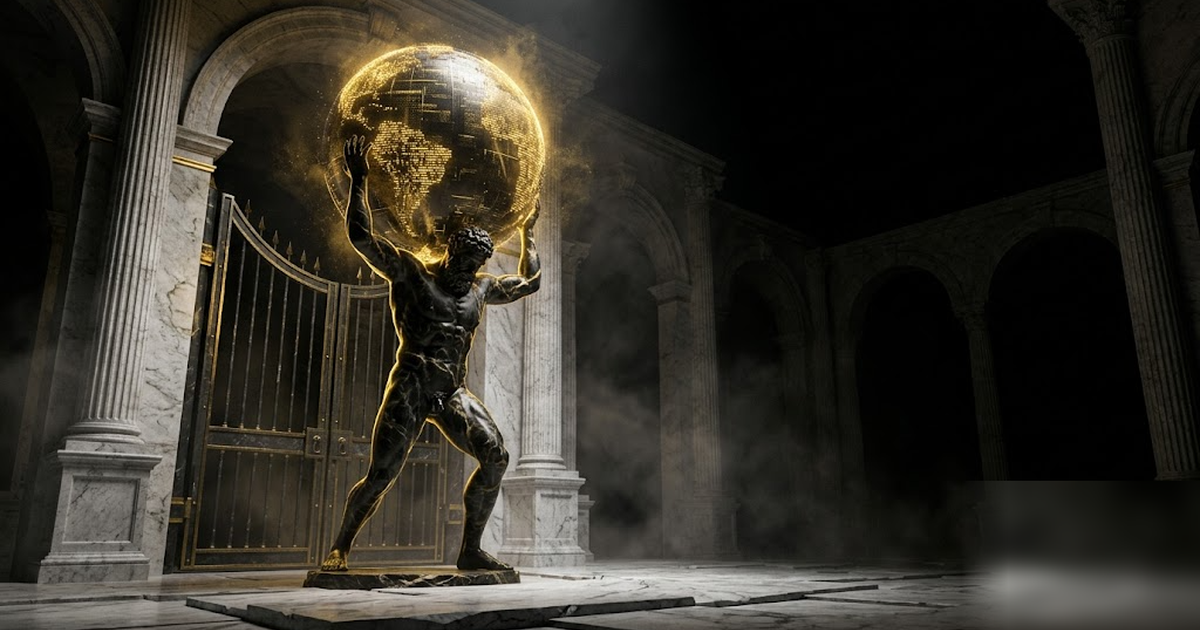 Cinematic Greek pantheon scene, a colossal void-black and satin-gold marble statue of Atlas holding up a sphere of glowing data, locked behind towering marble gates he cannot pass, dramatic chiaroscur