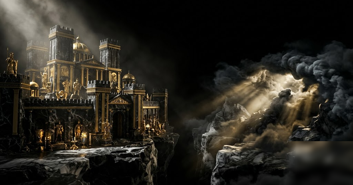 Two mythic realms divided by a chasm rendered in black marble and satin gold, a fortified pantheon of treasure on one side and a stormy cloud on the other, no bridge between them, cinematic god-rays, 