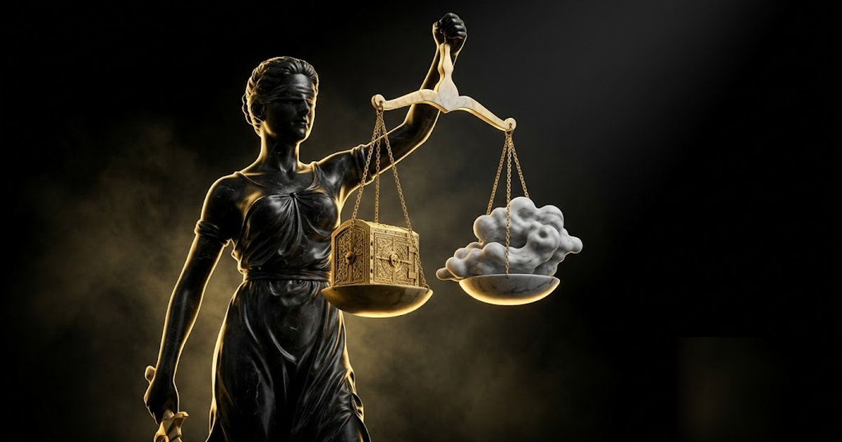 The goddess Themis in void-black marble holding scales, one pan holding a sealed golden vault and the other an open cloud, the vault sitting heavier, dramatic lighting, no text, no people in offices, 