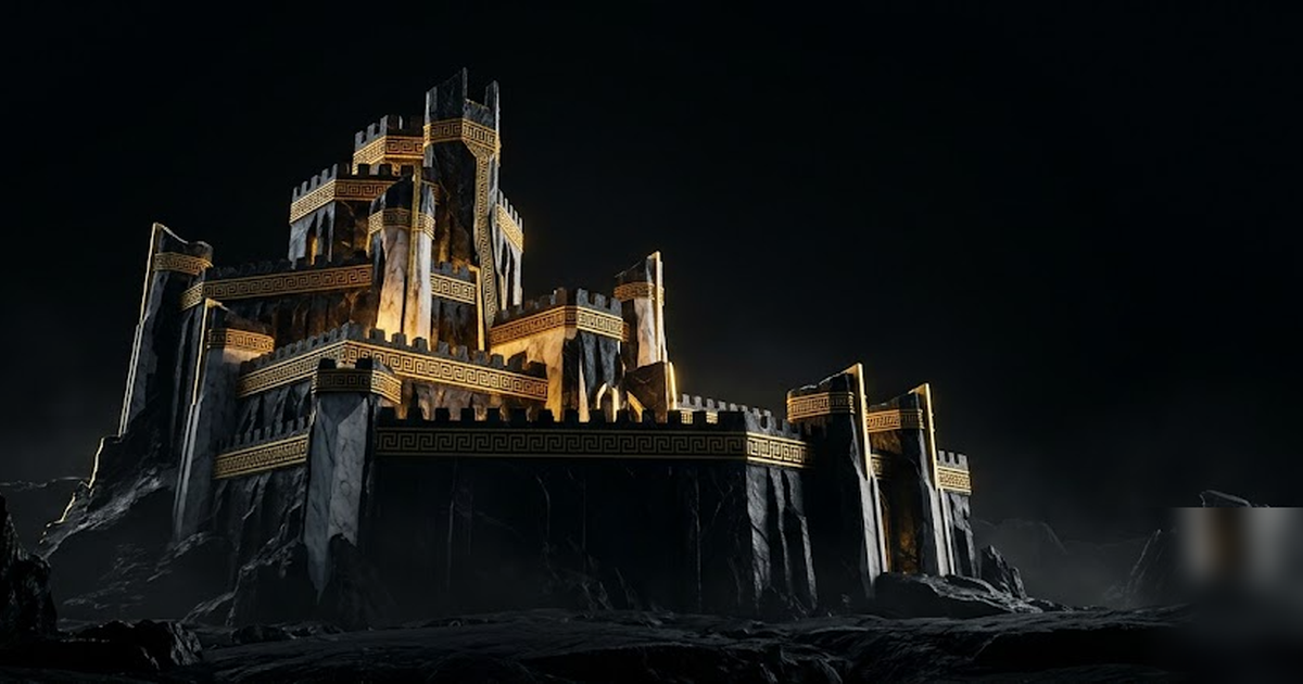 A sovereign obsidian fortress carved with satin-gold Greek meander patterns, all its gold light contained inside, no doors facing outward, cinematic depth, void-black sky, no text, no people, frameles